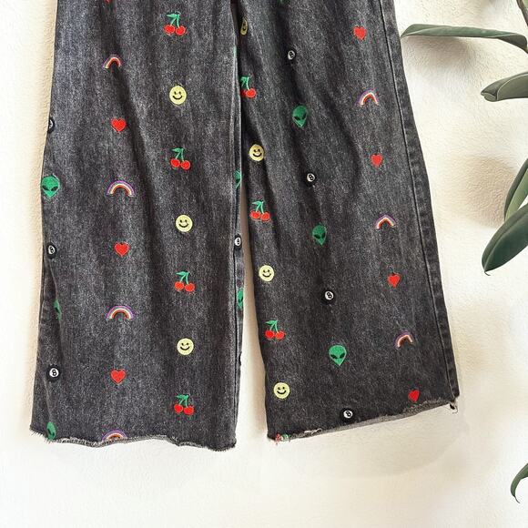 Dressed in LALA Black Wide Leg Jeans with Colorful Embroidery - Picture 3 of 12